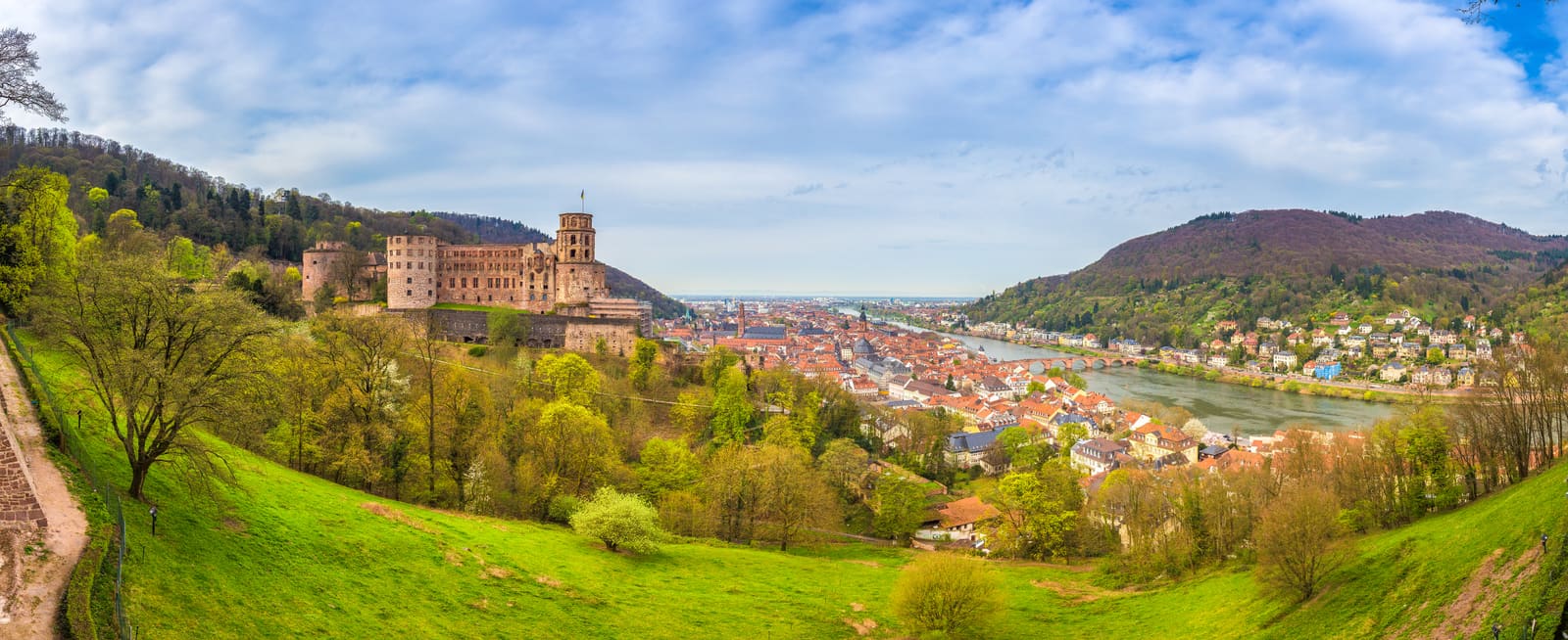 Frühlingspanorama mit dem Heidelberger Schloss über der Altstadt, dem Neckar und den bewaldeten Hängen des Odenwalds
